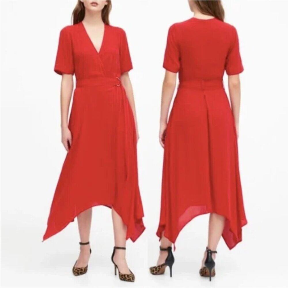 Banana Republic Handkerchief-Hem Belted Red Midi Dress